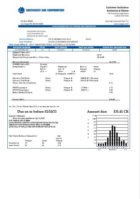 USA Nevada Southwest gas Corporation business utility bill template in Word and PDF formats